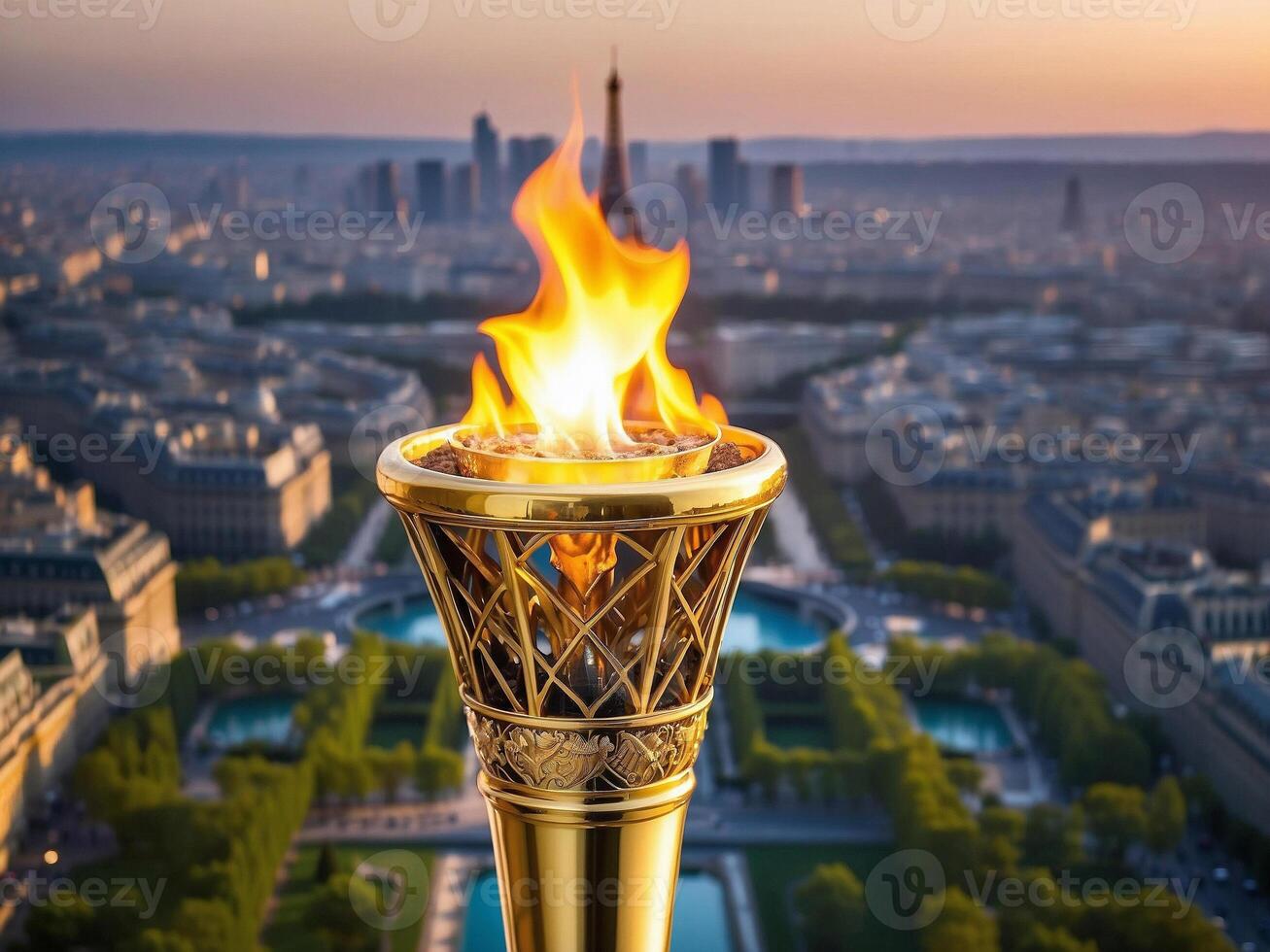 Paris Olympic Torch concept. Olympic torch with Paris landmark building scene as background. photo