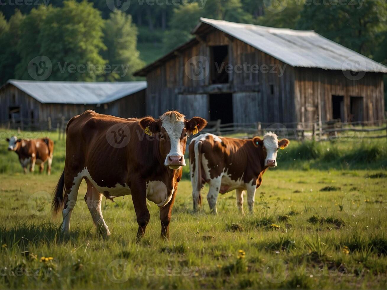 Cows grazing in a lush green pasture on a farm. Cows on the grass at the barn. photo