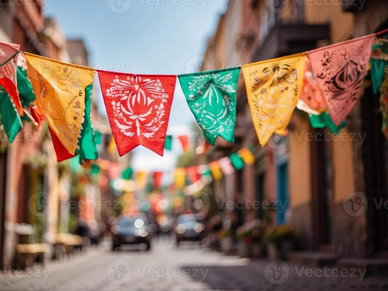 bajo ángulo Disparo de mexicano verderón papel bandera a cinco Delaware mayonesa festival. un calle mercado lleno con vistoso banderas y tradicional linternas durante un cinco Delaware mayonesa celebracion. foto