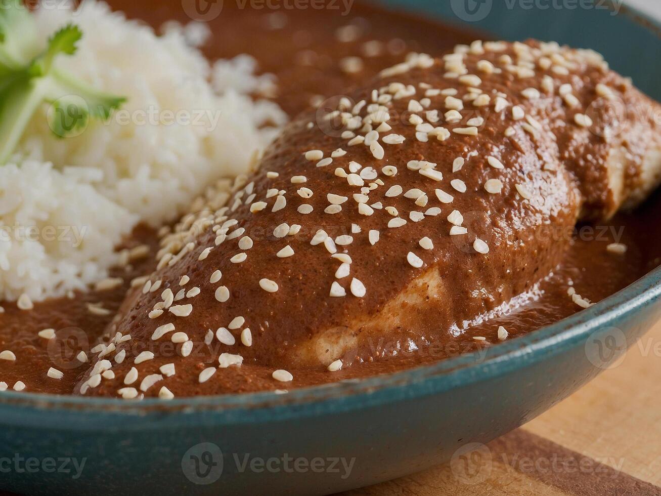 Chicken mole poblano on a plate. Freshly made chicken mole poblano. photo