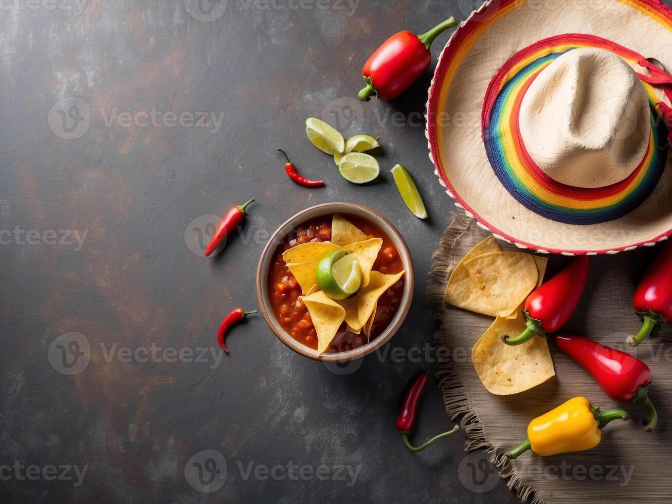 Copy space background of nacho chips, salsa sauce, hot pepper, and sombrero hat. Cinco de Mayo copy space background. photo