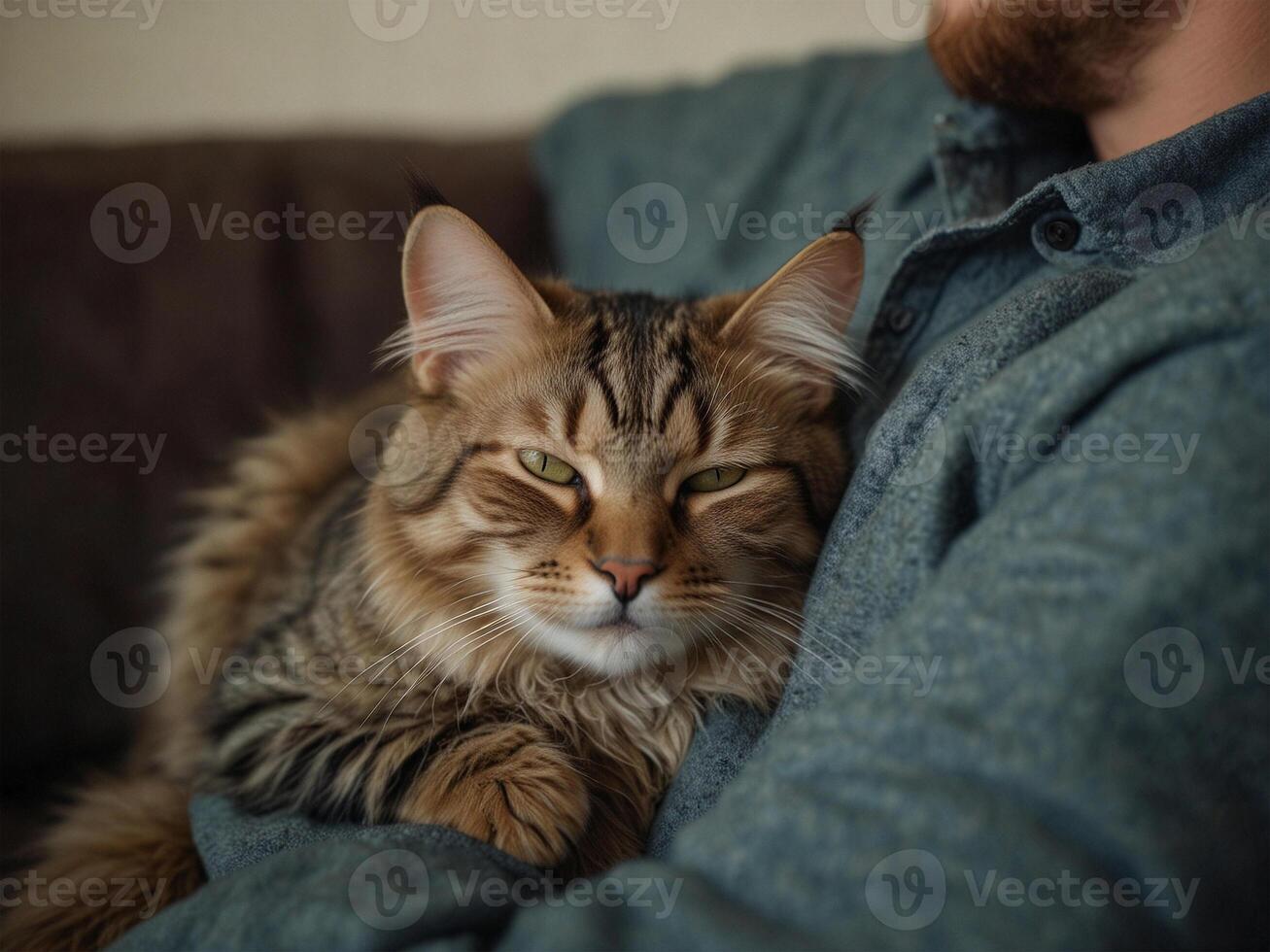 A person cradles a cute tabby cat in his lap. Closed up shot of a fluffy tabby cat sleep on a man lap. photo
