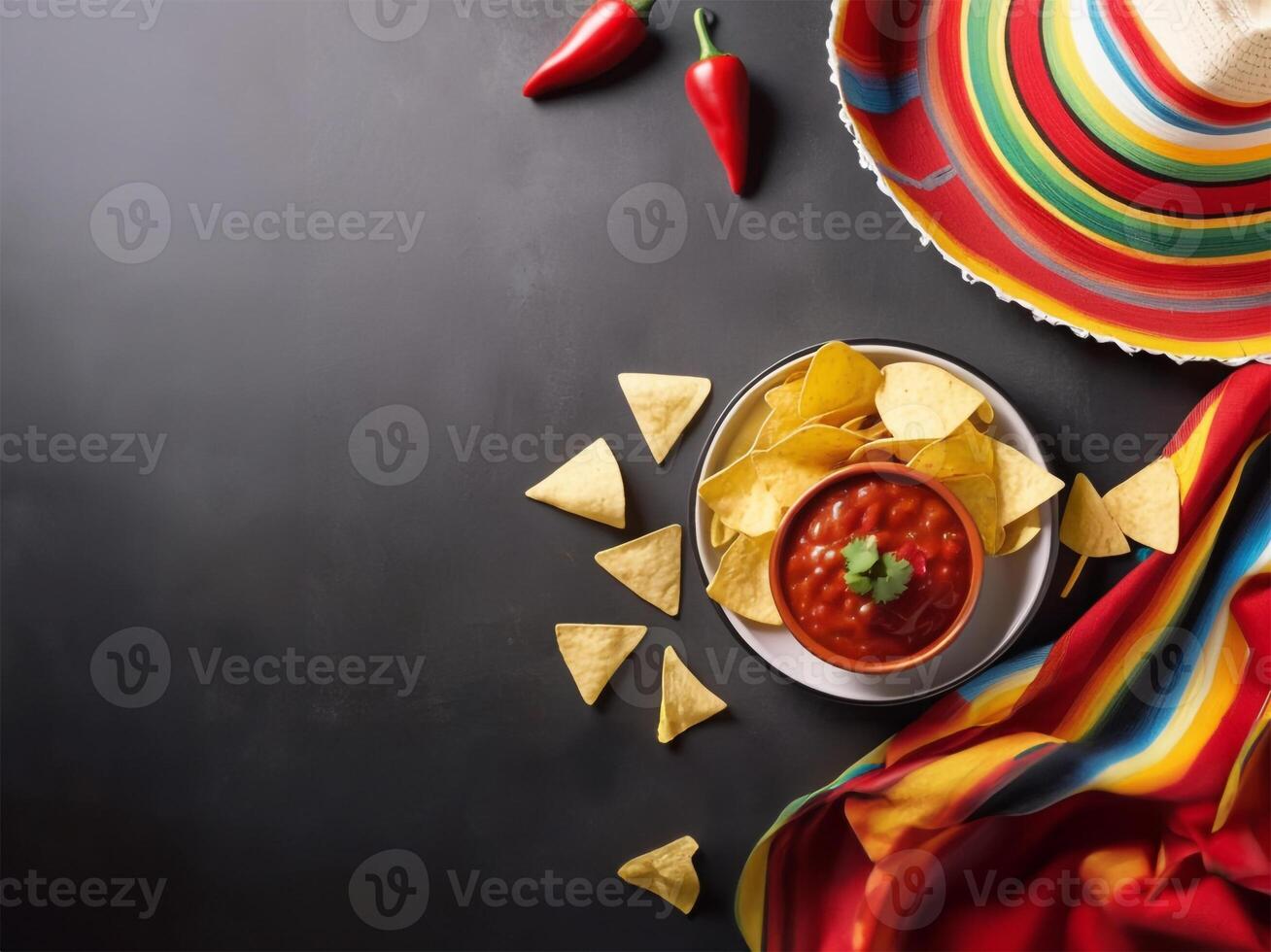 Cinco de Mayo copy space background. Tortilla chips on a plate with tomato dip sauce symbolize festive cuisine and holiday cheer. photo