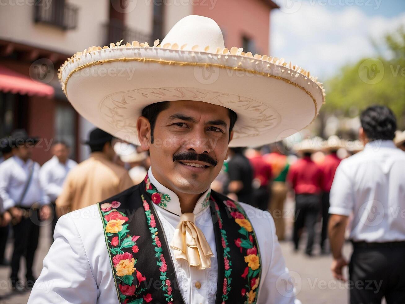 Mexican man wearing white mariachi suit at cinco de mayo party. Smiling Mexican man celebrating Cinco de Mayo. photo