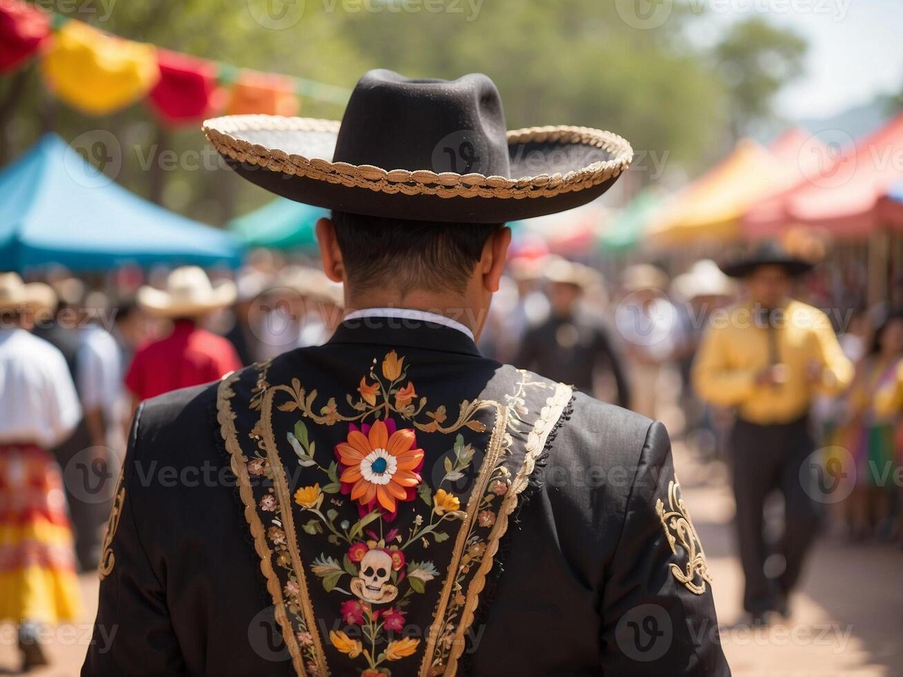 Rear view of Mexican Man wearing traditional mariachi suit and celebratin Cinco de mayo. Man wearing Mexican hat stands among people, showcasing traditional costume culture and fashion from the back. photo