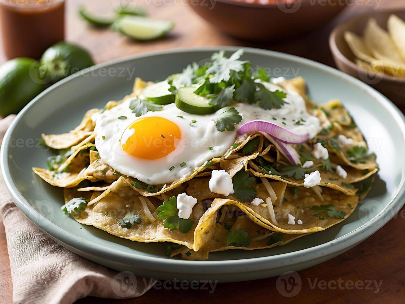A delicious Mexican Chilaquiles. A delicious breakfast plate with fried eggs and crispy bacon photo