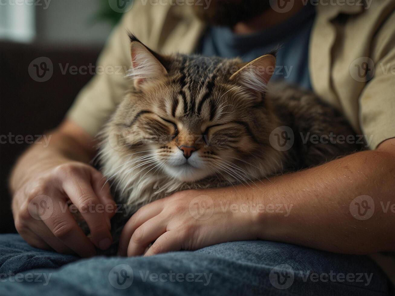 A person cradles a cute tabby cat in his lap. Closed up shot of a cute cat sleep on a man lap.. photo