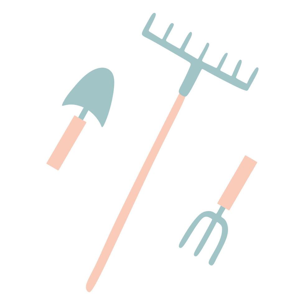 Shovel or spade, rake and pitchfork icons isolated on white background. Flat Gardening tools design Set. Colorful Cartoon illustration, Backyard Equipment. For Card, Ads, Web Design vector