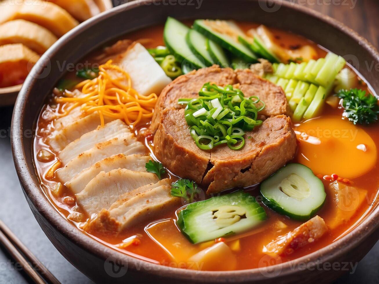 a bowl of Sundubujjigae. Sundubujjigae is a traditional Korean tofu soup. photo