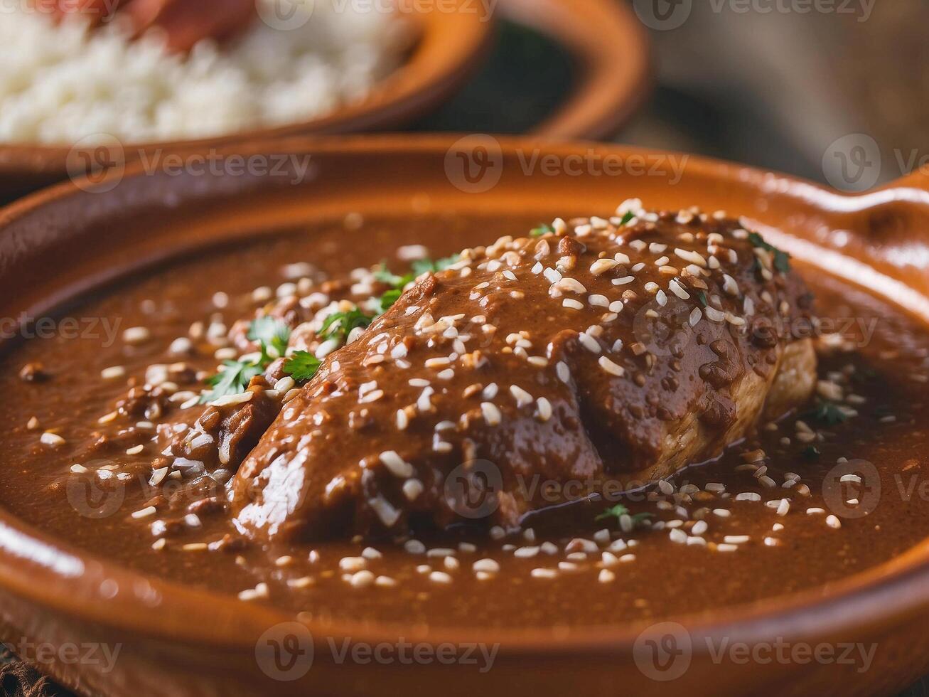 Chicken mole poblano on a plate. Mouthwatering chicken mole poblano photo
