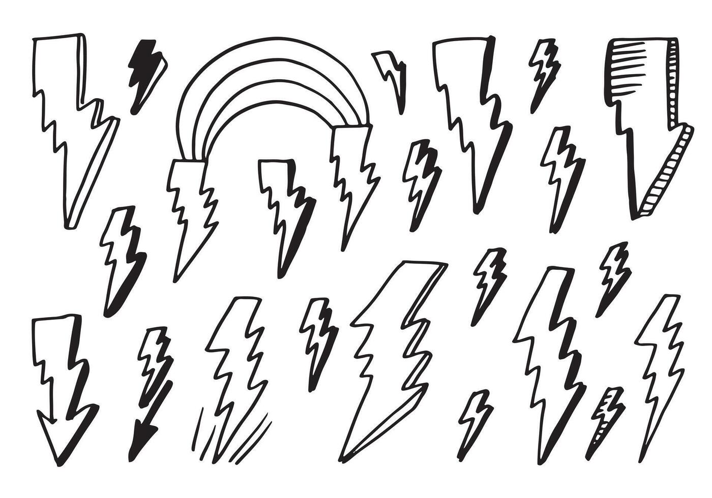 set of hand drawn doodle electric lightning bolt symbol sketch illustrations. thunder symbol doodle icon. vector