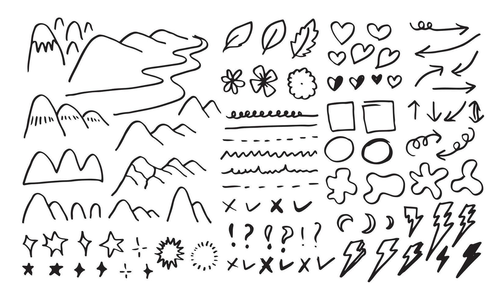 set of different stars, cloud, arrows, hearts, thunderbolt, signs and symbols. Hand drawn, doodle elements isolated on white background. vector