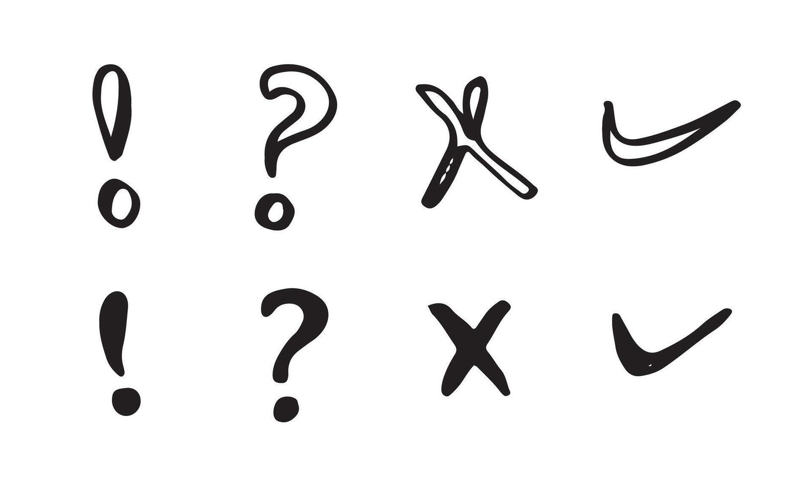 Image of exclamation mark icon and check mark icon in doodle style on white background. vector