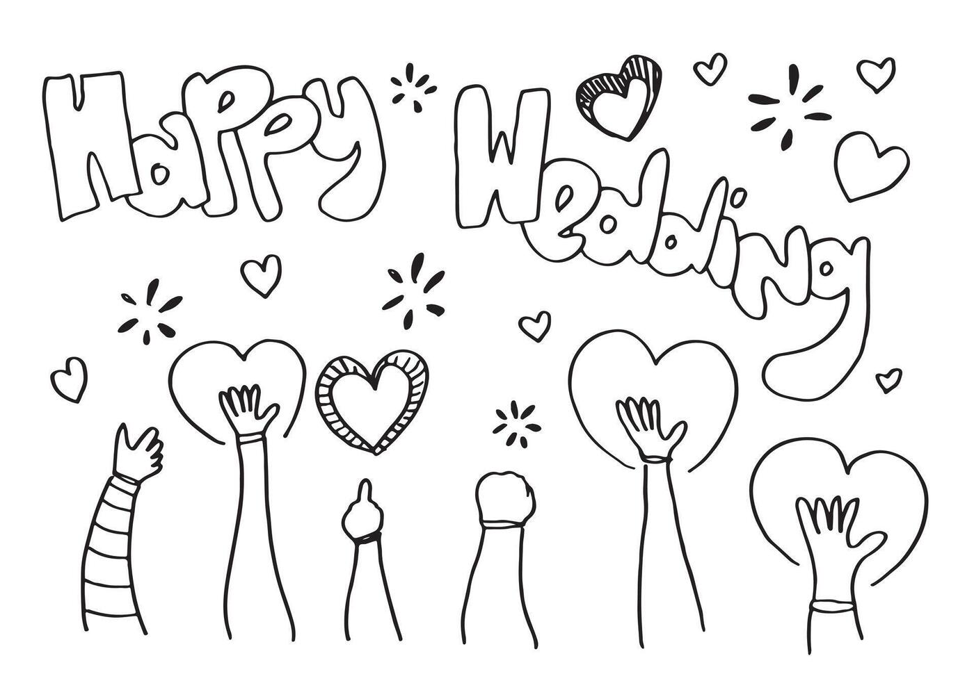 Applause hand drawn on white background with happy wedding text. vector