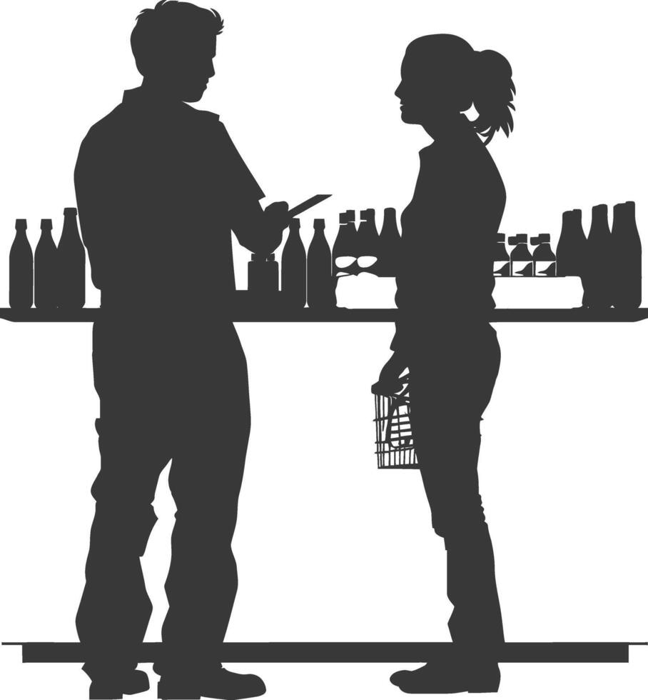 silhouette customer and cashier in supermarket full body black color only vector