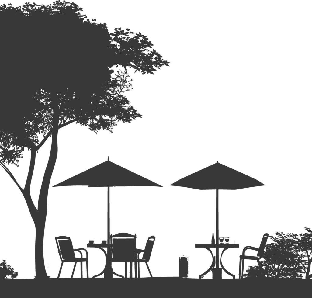 silhouette cafe front yard with umbrellas in the city black color only vector