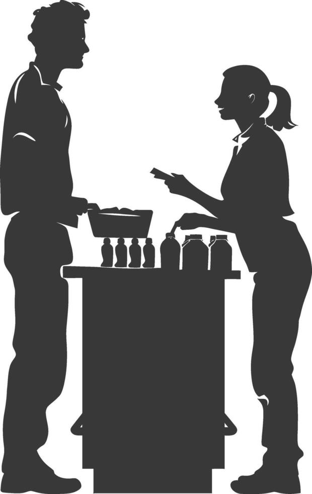 silhouette customer and cashier in supermarket full body black color only vector