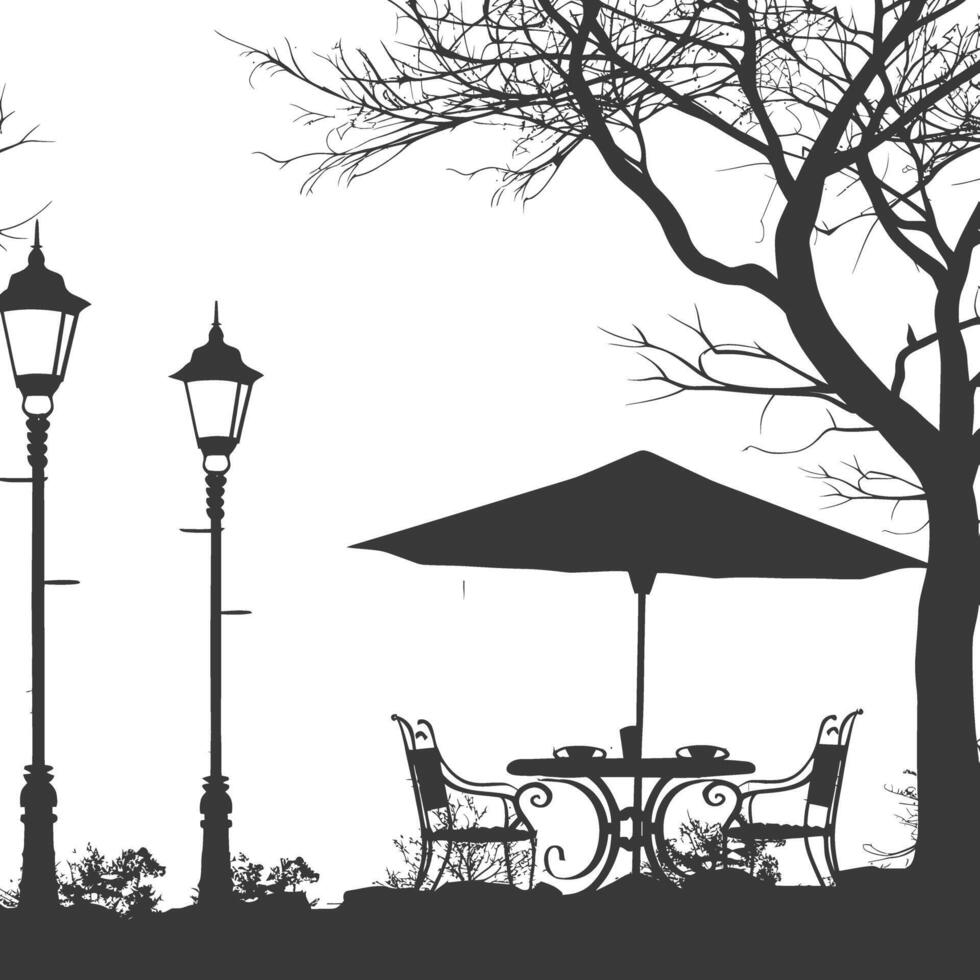 silhouette cafe front yard with umbrellas in the city black color only vector