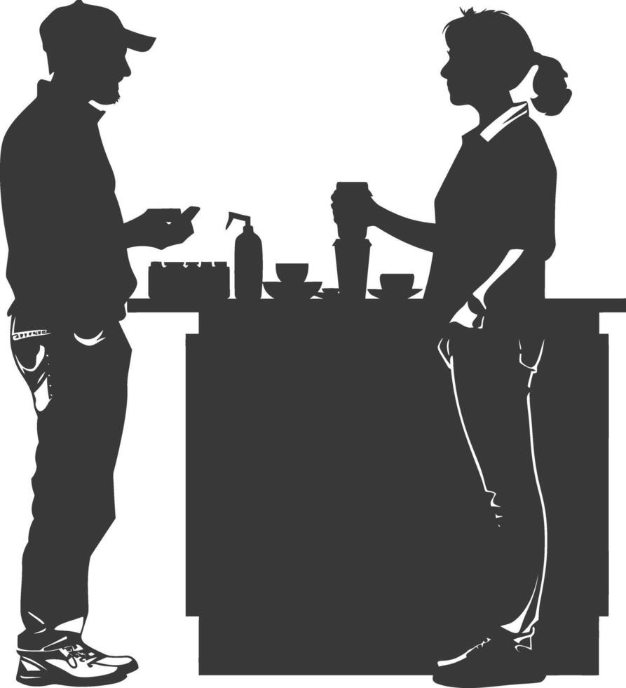 silhouette customer and cashier in supermarket full body black color only vector