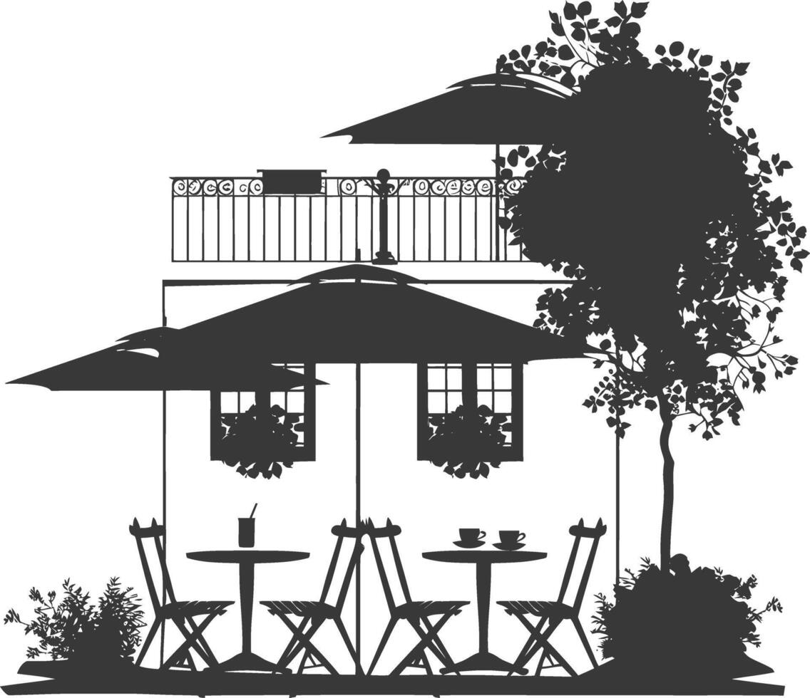 silhouette cafe front yard with umbrellas in the city black color only vector