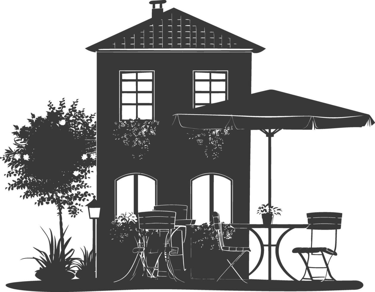 silhouette cafe front yard with umbrellas in the city black color only vector