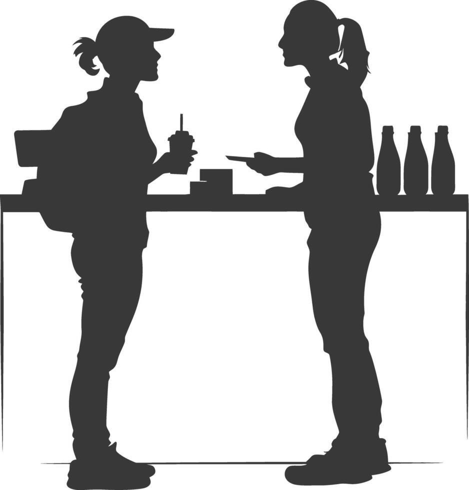 silhouette customer and cashier in supermarket full body black color only vector