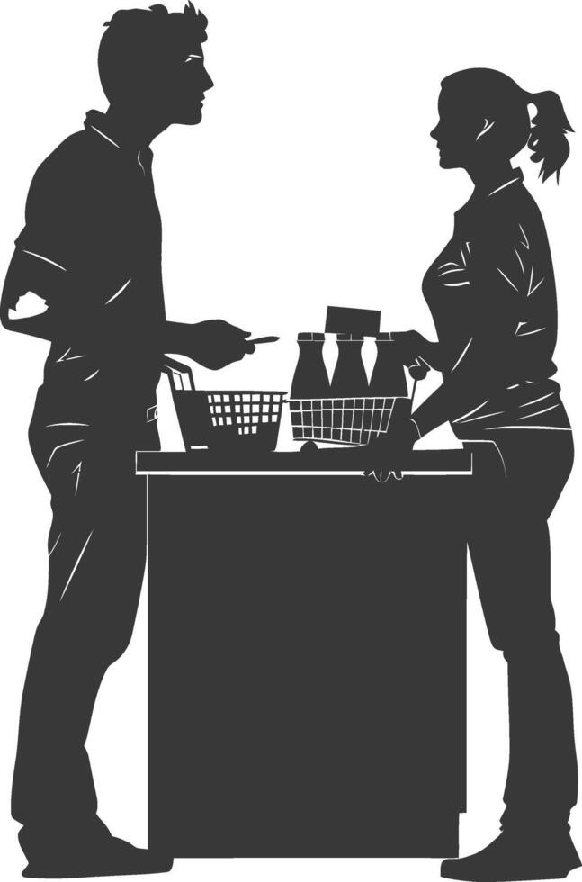 silhouette customer and cashier in supermarket full body black color only vector