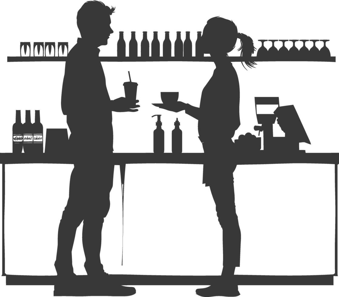 silhouette customer and cashier in supermarket full body black color only vector