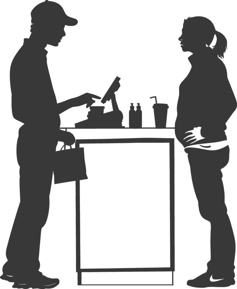 silhouette customer and cashier in supermarket full body black color only vector