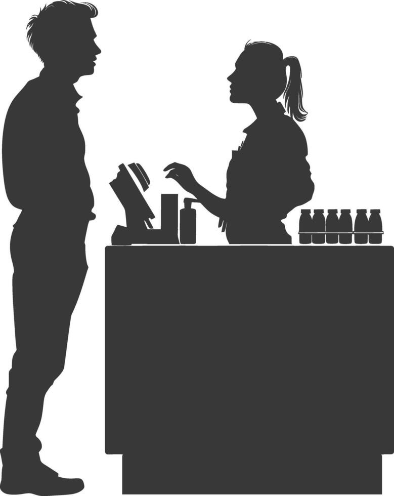 silhouette customer and cashier in supermarket full body black color only vector