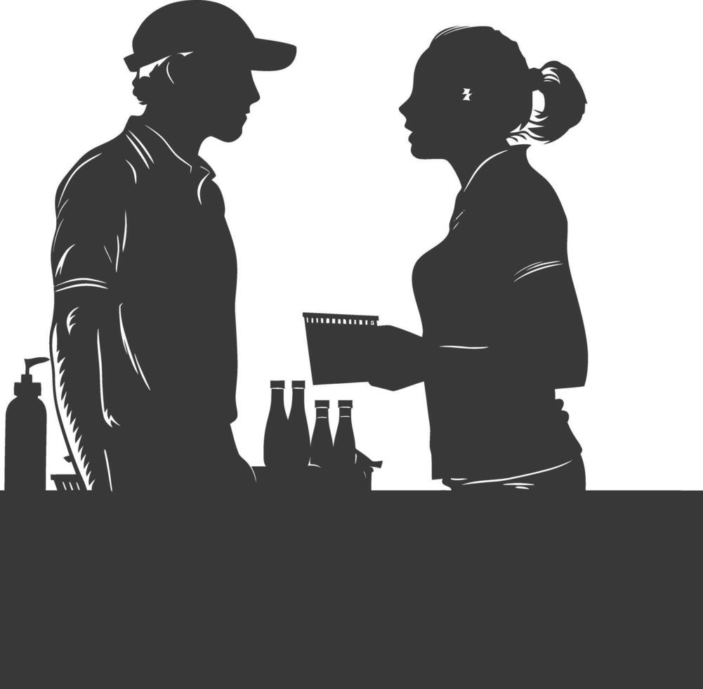 silhouette customer and cashier in supermarket full body black color only vector