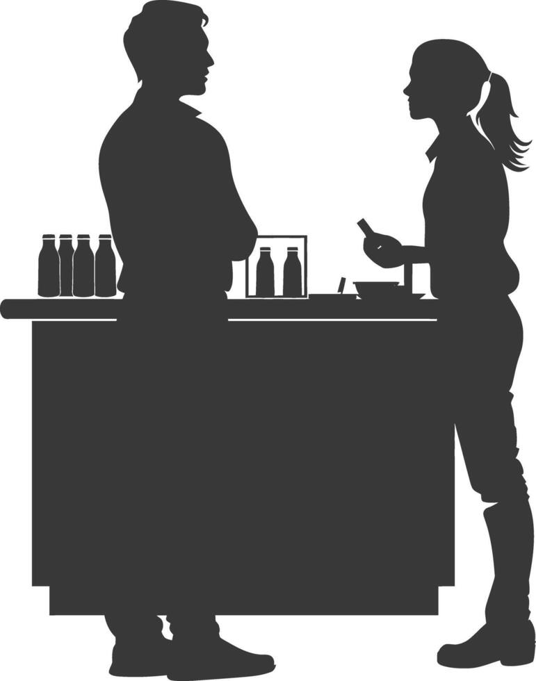 silhouette customer and cashier in supermarket full body black color only vector