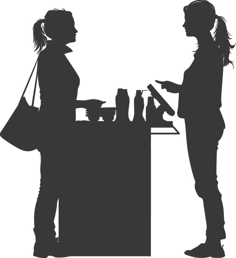 silhouette customer and cashier in supermarket full body black color only vector