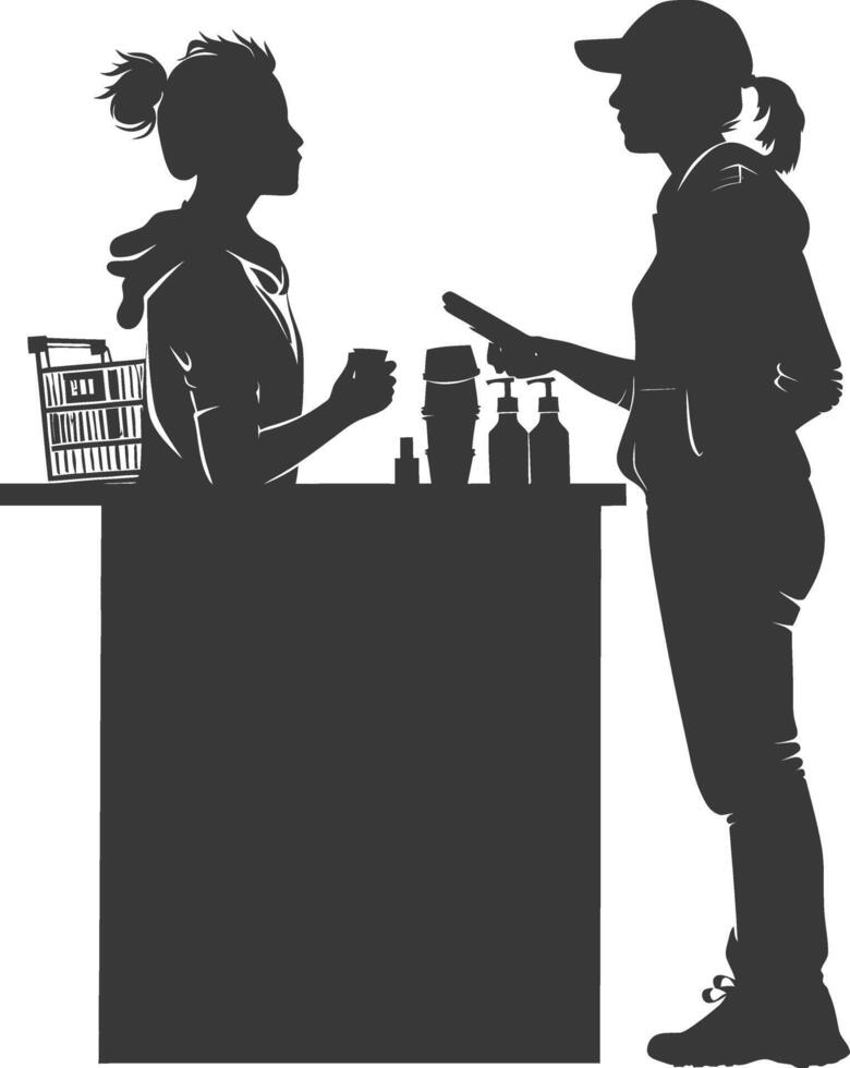 silhouette customer and cashier in supermarket full body black color only vector
