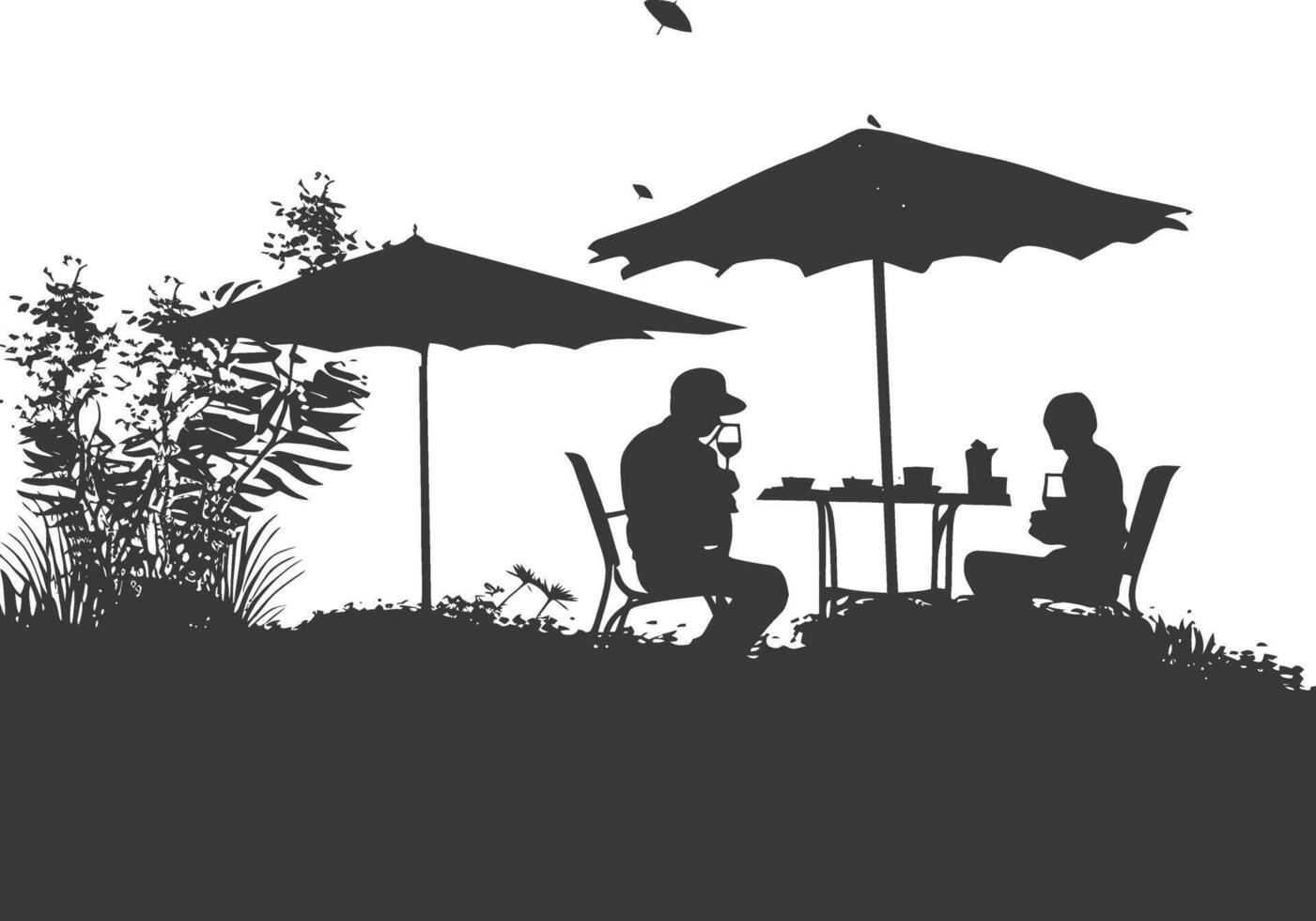 silhouette cafe front yard with umbrellas full black color only vector