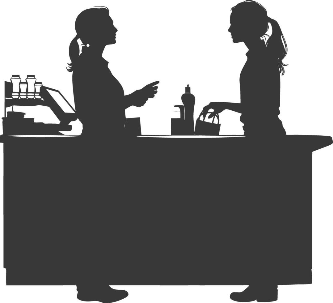 silhouette customer and cashier in supermarket full body black color only vector