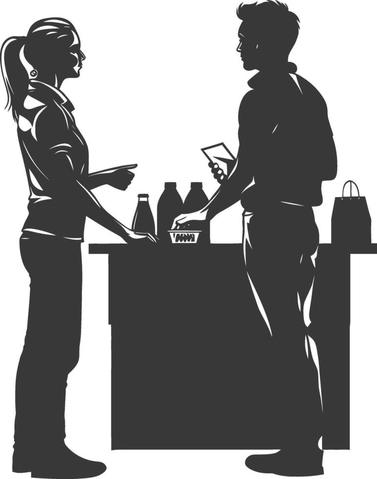 silhouette customer and cashier in supermarket full body black color only vector