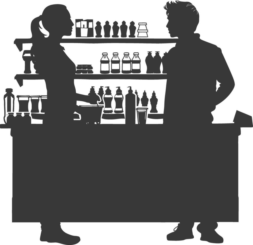 silhouette customer and cashier in supermarket full body black color only vector