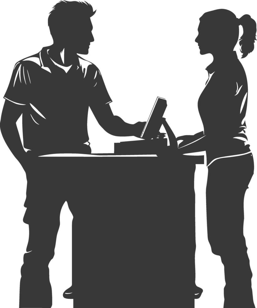 silhouette customer and cashier in supermarket full body black color only vector