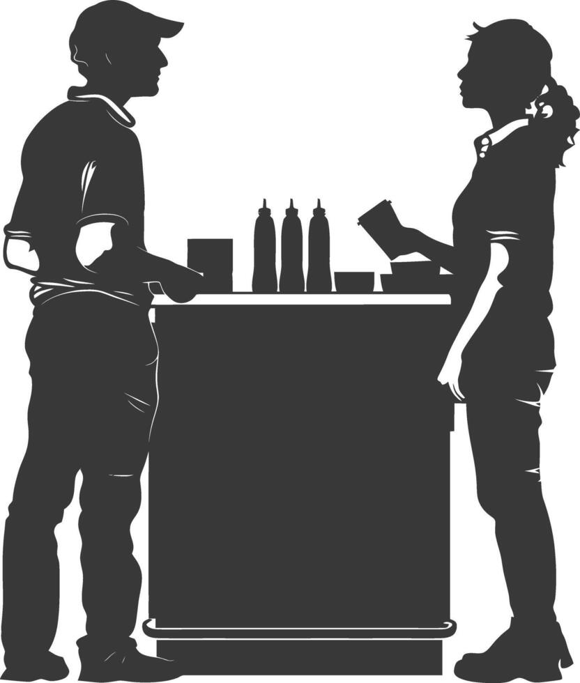 silhouette customer and cashier in supermarket full body black color only vector