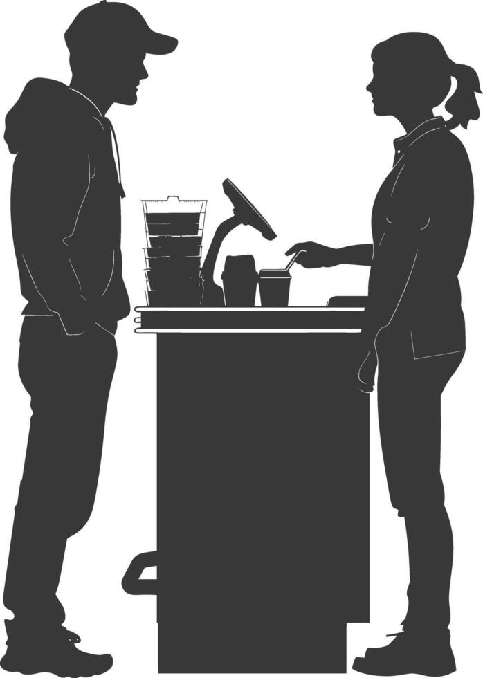 silhouette customer and cashier in supermarket full body black color only vector