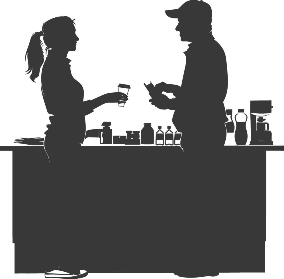 silhouette customer and cashier in supermarket full body black color only vector