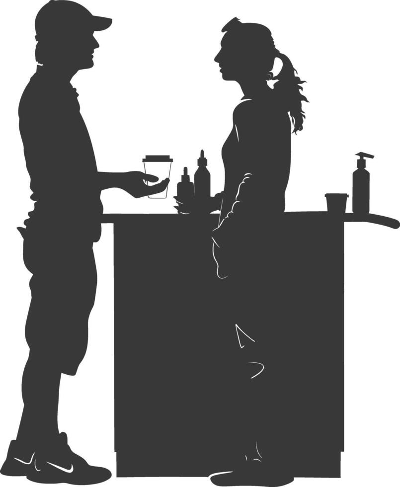 silhouette customer and cashier in supermarket full body black color only vector