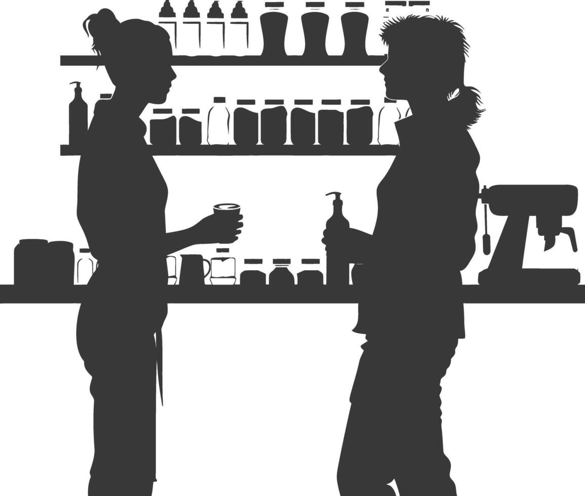 silhouette customer and cashier in supermarket full body black color only vector