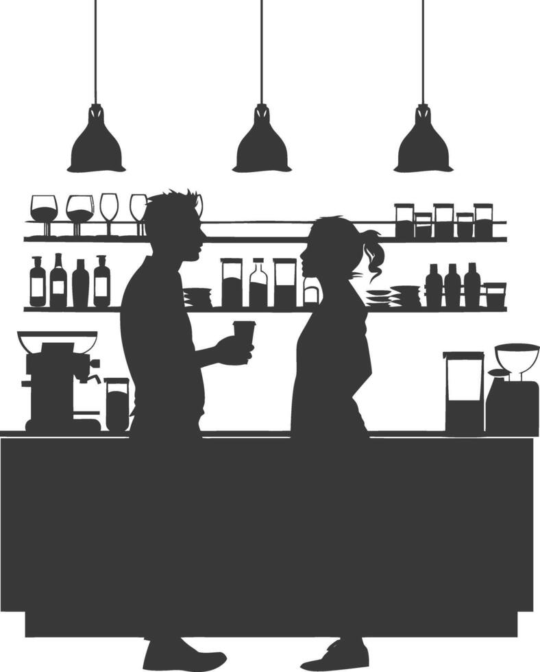 silhouette customer and cashier in supermarket full body black color only vector