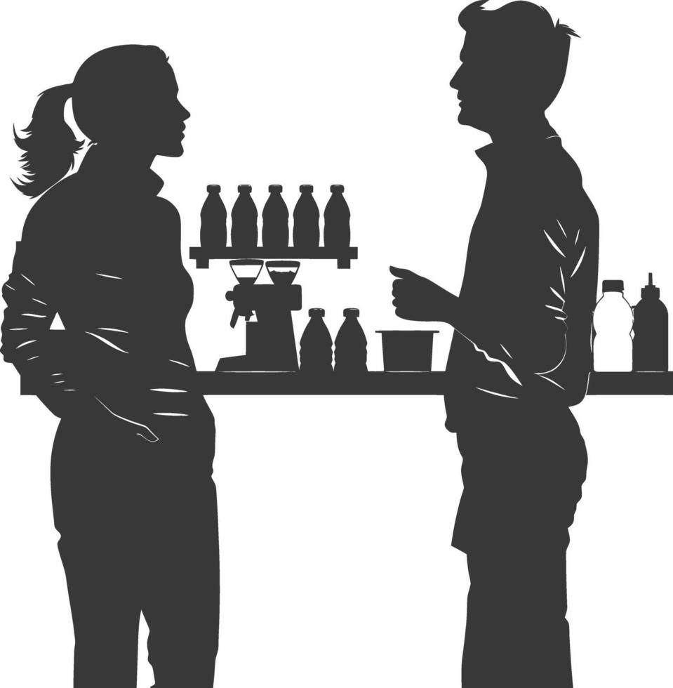 silhouette customer and cashier in supermarket full body black color only vector