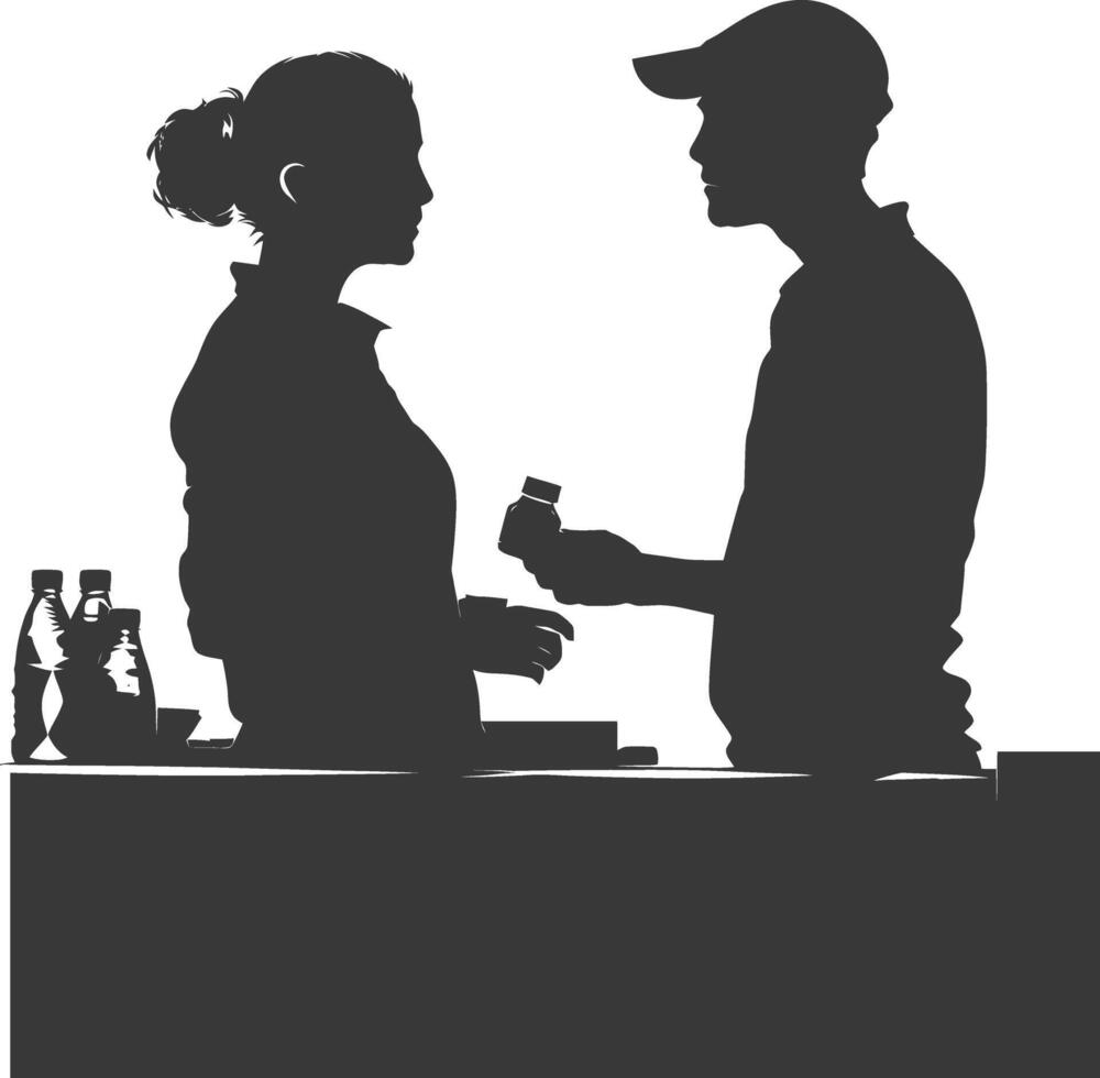 silhouette customer and cashier in supermarket full body black color only vector