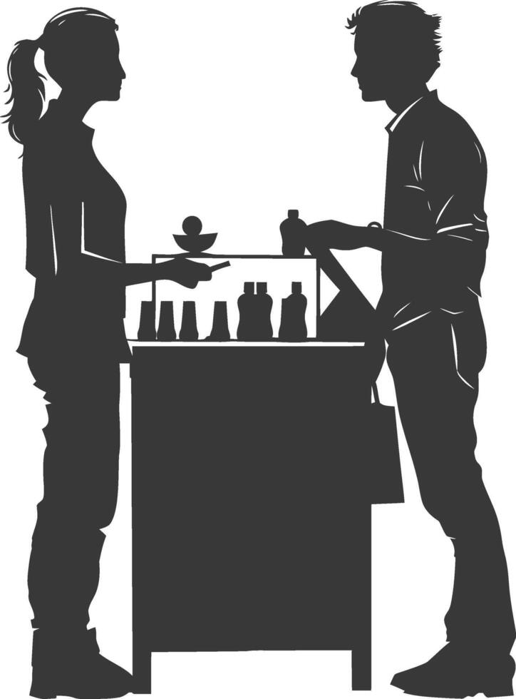 silhouette customer and cashier in supermarket full body black color only vector