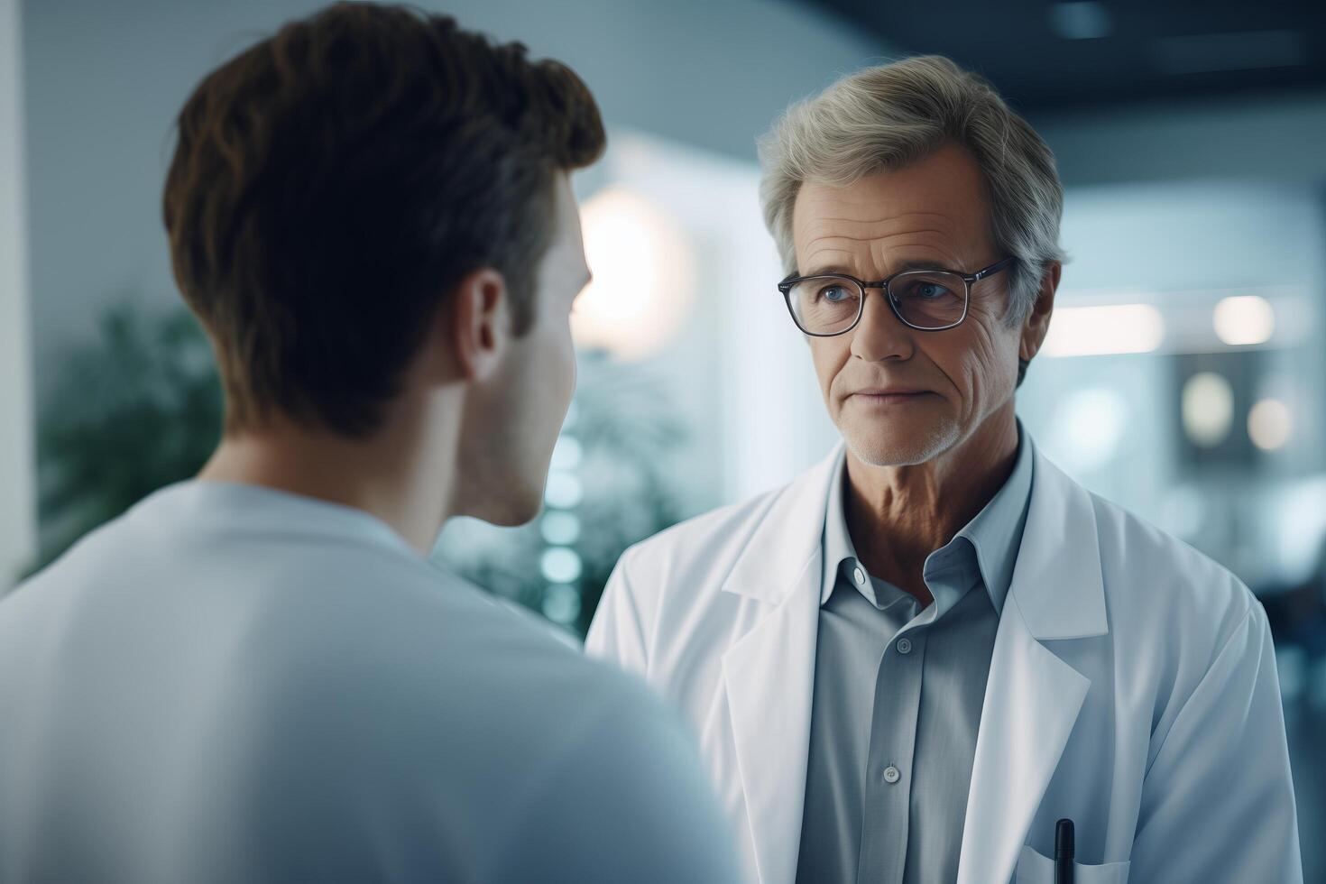 Two doctors, a man in a white lab coat talking to another man in similar clothes, are having a discussion. photo