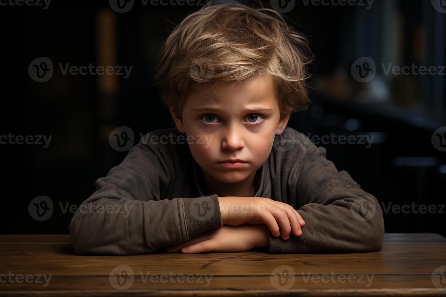 A young boy sits at a wooden table with his arms folded and a sad expression on his face. photo